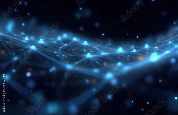 Obraz Futuristic abstract dark background with glowing blue dots and digital connections symbolizing global network technology. Soft blur cyberspace data transfer concept as modern tech wallpaper.