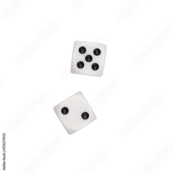 Obraz Top view of two white game dice isolated on a cut out PNG transparent background