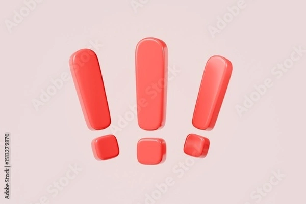 Obraz 3d exclamation mark icon. Minimal cartoon red exclamation mark sign. PNG transparent icon for graphic design. element for web UX and UI design. 3d render illustration.