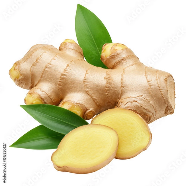 Fototapeta Fresh ginger root and slices isolated on transparent background