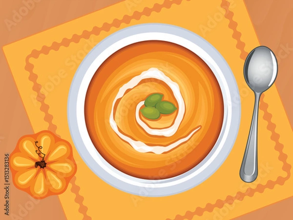 Fototapeta Pumpkin soup with cream and seeds top view vector illustration. Healthy vegetable soup on a wooden table above view vector. Bowl of pumpkin soup on the table drawing