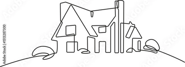 Obraz Country House Continuous Line Art Drawing. Simple House Hand Drawn Vector Art, Continuous One Line Drawing. Home Outline Drawing for Minimalist Design, Vector Illustration.