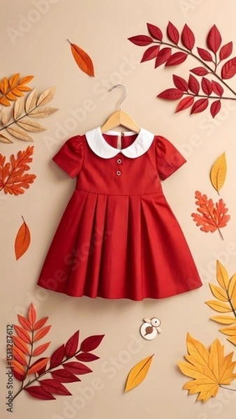 Fototapeta Red Pleated Girl’s Dress on Hanger with Autumn Leaves Paper Art Style