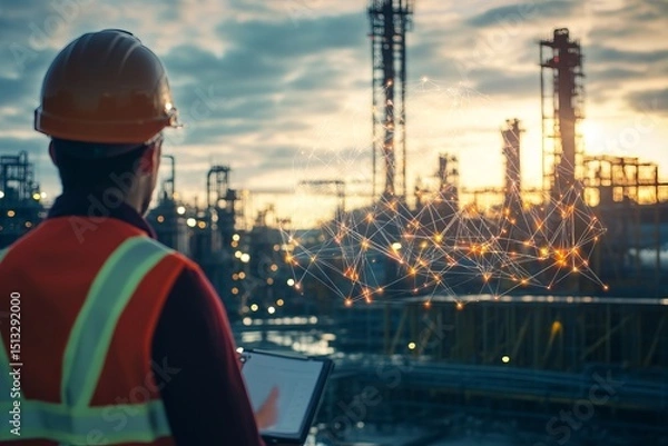 Fototapeta Engineer using digital tablet in smart industrial refinery with connected technology at sunset
