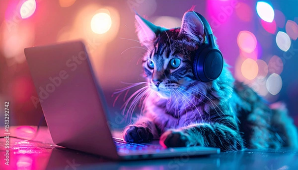 Obraz cat using laptop in dark room, neon light, AI Generated
