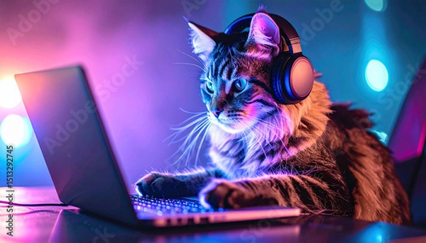 Obraz cat using laptop in dark room, neon light, AI Generated
