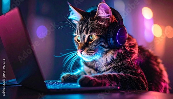 Obraz cat using laptop in dark room, neon light, AI Generated