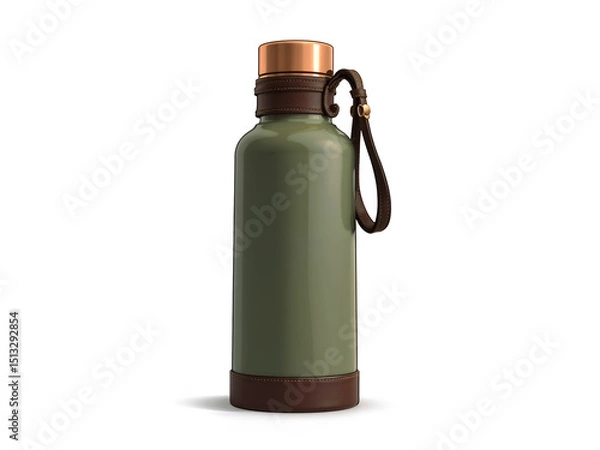 Fototapeta Army green thermos flask with leather strap, ideal for camping, military, or travel content. Generative AI
