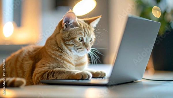 Obraz cat using laptop in modern home, dept of field, AI Generated