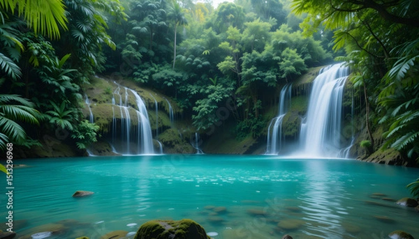 Fototapeta Tropical Waterfall Cascading into Turquoise Lagoon in Rainforest – High-Resolution Nature Scene