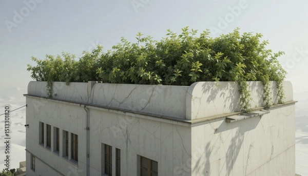 Fototapeta rooftop garden with lush green plants thrives atop concrete building, creating serene and refreshing urban oasis. building exterior features minimalist design with visible cracks