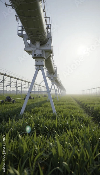 Fototapeta large irrigation system stretches across lush green field under hazy sky, showcasing modern agricultural technology. sun shines softly, highlighting importance of efficient water management