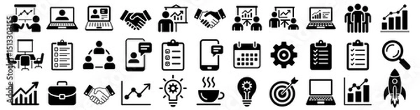 Fototapeta Startup and teamwork vector icon set, including collaboration, growth, meetings, innovation, and communication concepts