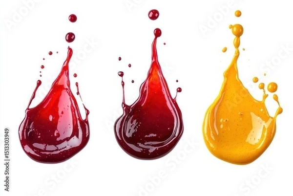 Obraz Cut out of hot sauce, honey mustard, and beetroot sauce splashed in fiery red-orange, glossy yellow-gold, and deep magenta colors, isolated on PNG transparent background