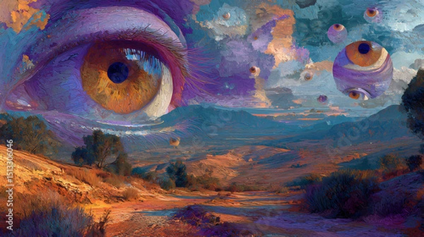 Fototapeta magazine visual on subconscious | dislocated psyche | dreamlike confusion | copper light and shadow purple | dispersed dreamscape | eyeballs in sky | reflected impossibility | symbolic shadow casting