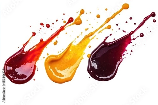 Obraz Cut out of hot sauce, honey mustard, and beetroot sauce splashed in fiery red-orange, glossy yellow-gold, and deep magenta colors, isolated on PNG transparent background