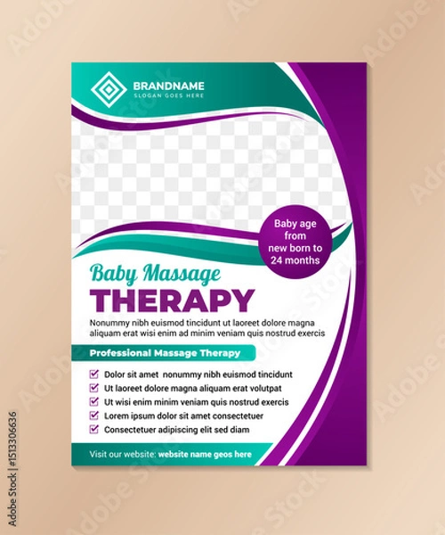 Fototapeta baby massage therapy flyer design template. vertical layout illustration with space for photo. combination purple and green gradient brochure. 