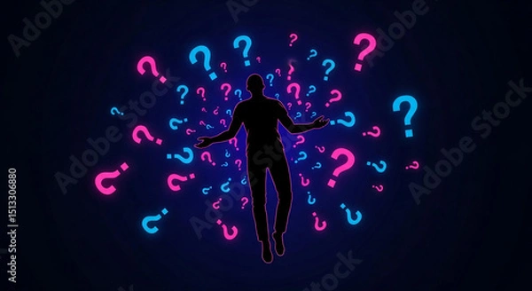 Obraz Enigmatic Silhouette Surrounded by Glowing Question Marks