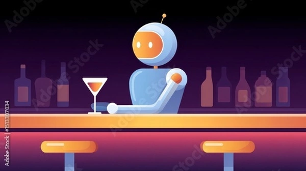 Obraz Futuristic Robot Bartender Cleaning Neon Counter While Sitting Silently at Night