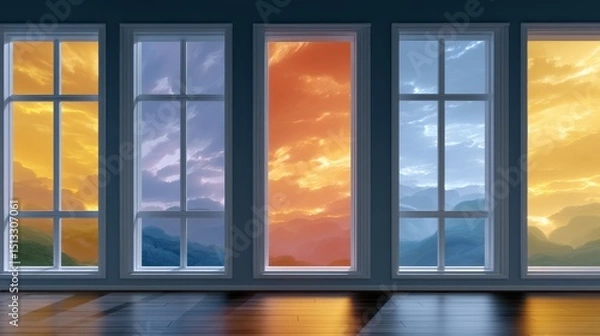 Fototapeta Room with Four Windows Opening to Colorful Skies of Transitioning Day and Night