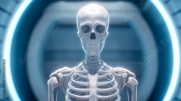 Obraz Realistic Animated 3D Skeleton Render in Futuristic Scanning Environment with Neon Lights