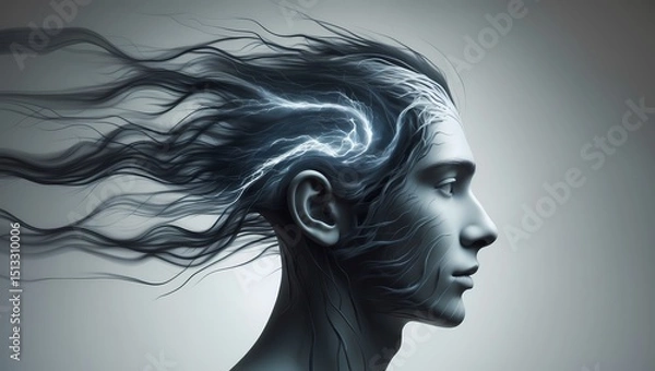 Fototapeta A stylized human head viewed in profile with dynamic storm-like lines swirling inside symbolizing internal chaos or intrusive thoughts. Dark cool tones inside the head soft neutral background sharp co