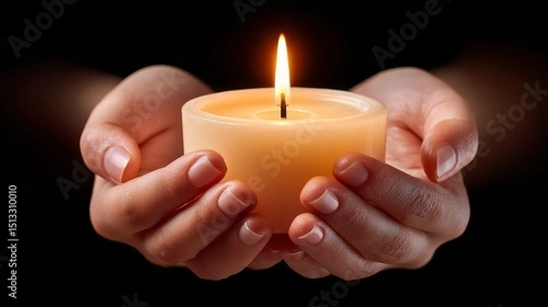 Fototapeta Hands Holding a Glowing Candle in the Darkness Creating a Warm and Serene Atmosphere