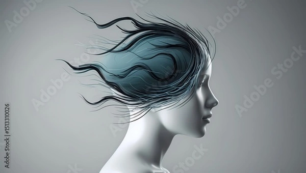 Obraz A stylized human head viewed in profile with dynamic storm-like lines swirling inside symbolizing internal chaos or intrusive thoughts. Dark cool tones inside the head soft neutral background sharp co