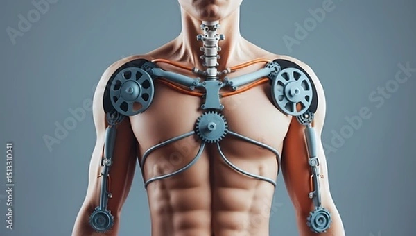 Fototapeta A stylized human upper body with mechanical joint overlays at the elbows shoulders and spine depicted as rotating gears and soft hydraulic lines. Soft blue/grey background modern tech-medical fusion s