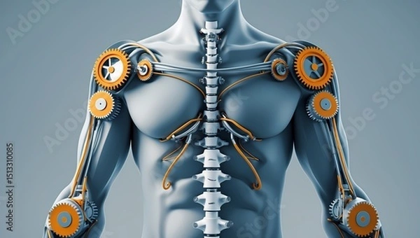 Fototapeta A stylized human upper body with mechanical joint overlays at the elbows shoulders and spine depicted as rotating gears and soft hydraulic lines. Soft blue/grey background modern tech-medical fusion s
