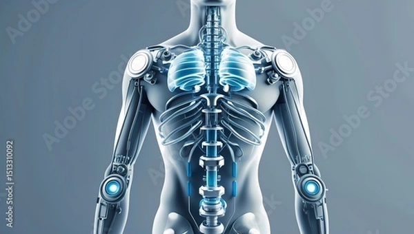 Fototapeta A stylized human upper body with mechanical joint overlays at the elbows shoulders and spine depicted as rotating gears and soft hydraulic lines. Soft blue/grey background modern tech-medical fusion s