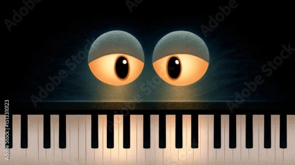 Fototapeta Whimsical Creature Resembling Piano With Blinking Eyes Set Against Dark Background
