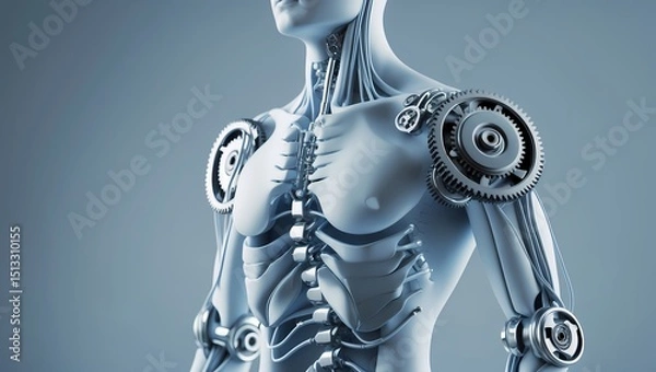 Fototapeta A stylized human upper body with mechanical joint overlays at the elbows shoulders and spine depicted as rotating gears and soft hydraulic lines. Soft blue/grey background modern tech-medical fusion s