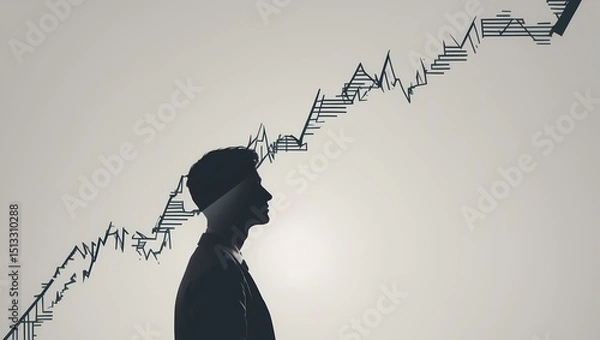 Fototapeta A symbolic graph line descending from left to right over a fading silhouette of a person. The line becomes broken and jagged toward the end symbolizing burnout or depression. Modern
