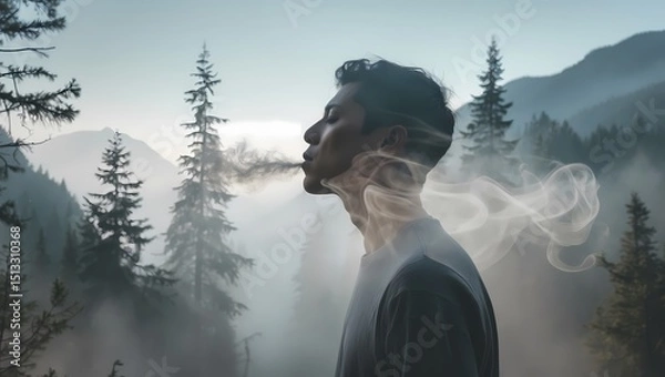 Fototapeta A tranquil mountain landscape subtly overlaid with a ghosted figure inhaling deeply the breath lines blending with mist or fog around the trees. Earth-toned palette minimal detailing plenty of sky