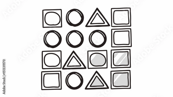 Fototapeta Geometric pattern featuring hand drawn circles squares and triangles in a grid like arrangement design element created with generated ai