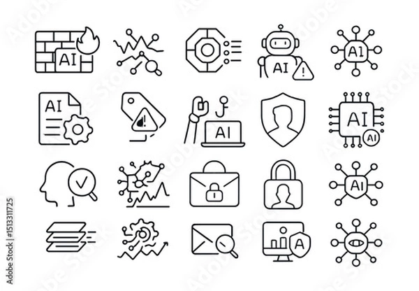 Obraz Line style icons of AI and cybersecurity: AI firewall, pattern anomaly detection, threat scoring, security bot, AI policy icon, risk evaluation tag, secure automation, access detection, deepfake