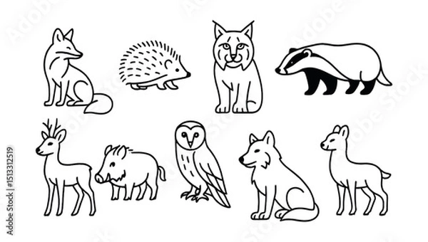Obraz Line style icons of animals of Europe: red fox, hedgehog, lynx, badger, roe deer, wild boar, barn owl, wolf, chamois, pine marten.