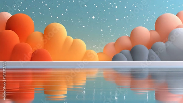 Obraz Soft colorful cloud shapes reflect on calm water under starry sky, creating peaceful and dreamy atmosphere