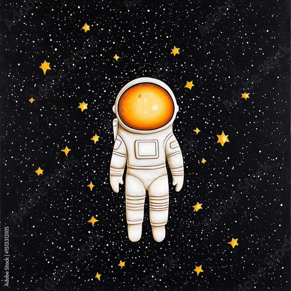 Obraz Astronaut floating in space surrounded by bright yellow stars and dark starry background, evoking wonder and exploration