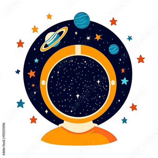 Obraz Astronaut helmet with starry space and planets, colorful stars floating around, creative cosmic illustration with orange suit