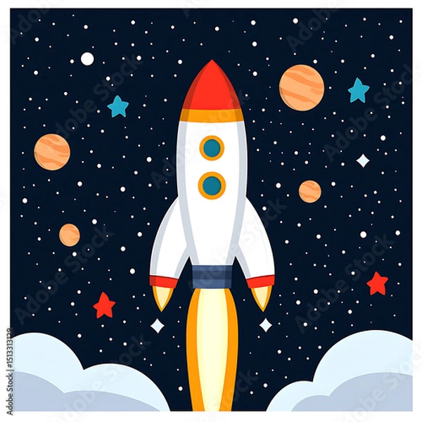 Obraz Rocket ship space stars planets launch cartoon illustration with colorful design