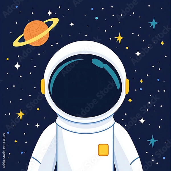Obraz Astronaut in white space suit floating in starry night sky with planet and shining stars, peaceful and adventurous