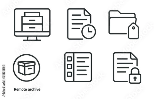 Fototapeta Line style icons of remote work: virtual file cabinet icon, document version history, organized folder structure, tag-based file system, remote archive badge, file category panel, secure doc access.