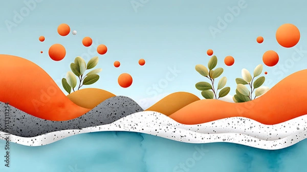 Obraz Abstract landscape with orange hills, green leaves, and floating spheres creating calm and creative atmosphere in soft colors