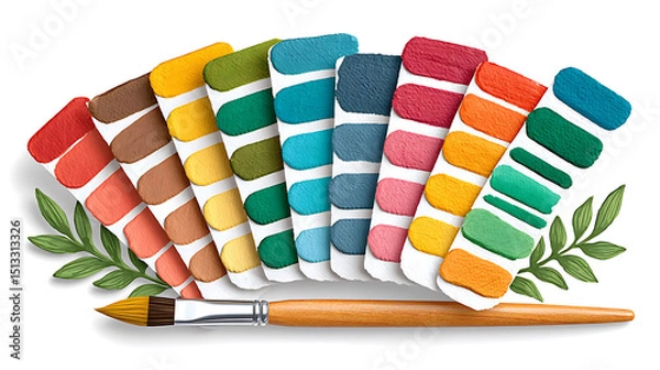 Obraz Color swatch palette with vibrant watercolor paint samples and wooden paintbrush, evoking creativity and artistic expression
