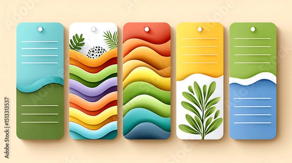 Obraz Colorful paper cut style cards with wavy layers and leaf designs, bright and cheerful for creative self reflection prompts