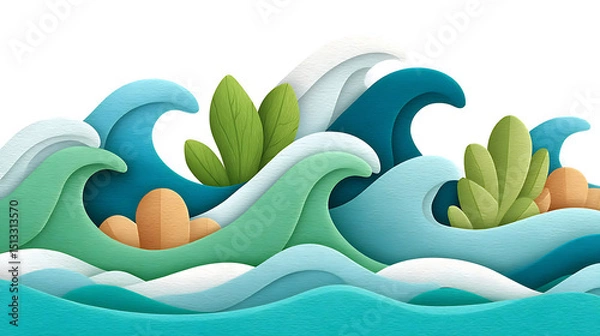 Obraz Soft abstract waves in ocean blue tones with green leaves and orange stones creating calm and peaceful scene