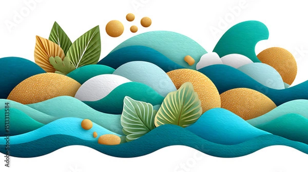 Obraz Soft abstract waves in ocean blue tones with green leaves and golden textured spheres create calm and soothing atmosphere