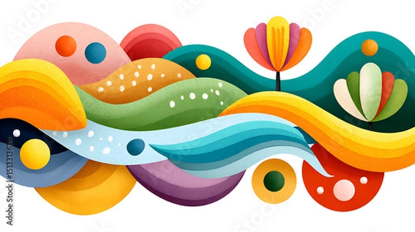 Obraz Colorful abstract landscape with flowing shapes and stylized flowers, vibrant brushstroke pattern creating joyful visual